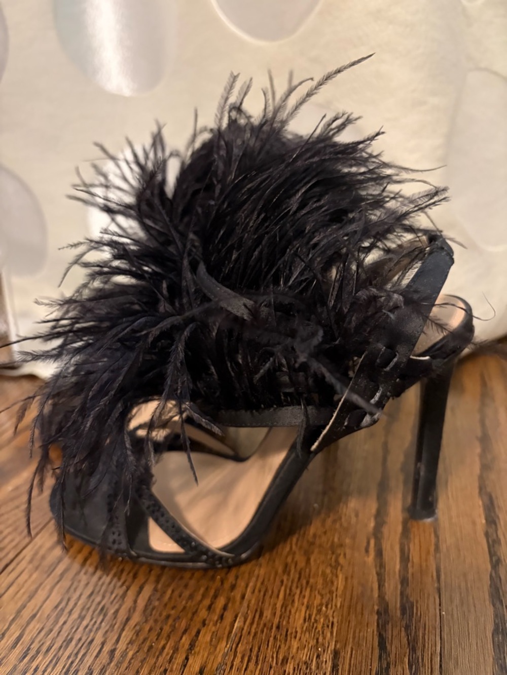 Black Feather Embellished Stiletto Heels - Women's Dress Sandals